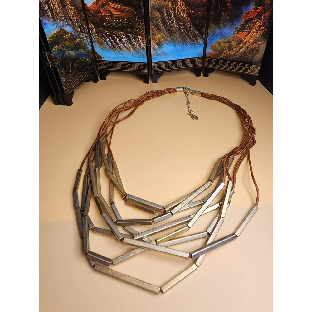 ANN TAYLOR LOFT Signed Necklace Multi-Strand‎ Braided Cord Metal Bar FREE $HIP!!